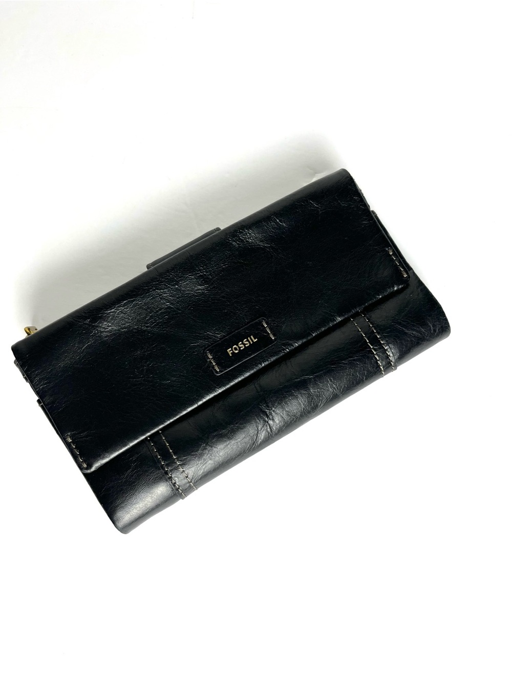Fossil Genuine Black Leather Zip Pouch Classic Carry Wallet Card Gold Hardware